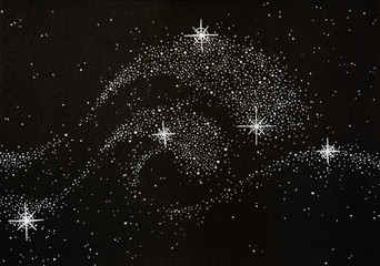 Black and white hand drawn illustration of stars in the night sky shaped like two great shiny waves - 180460694