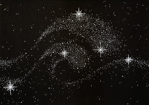 Black and white hand drawn illustration of stars in the night sky shaped like two great shiny waves