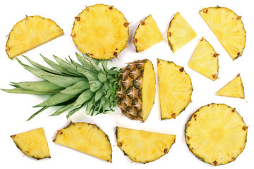 Sliced pineapple isolated on white background. Top view. Flat lay pattern