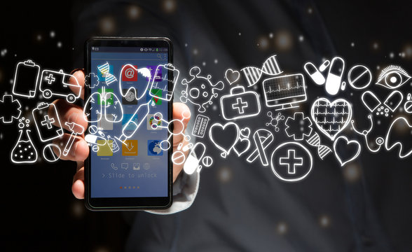 Hand of a man holding smartphone with medical icons all around