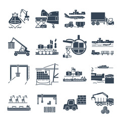 set of black icons loading and unloading of goods, warehousing