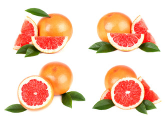 Collection of grapefruit isolated on white background. Set of grapefruit fruits with cut and green leaves isolated on white background