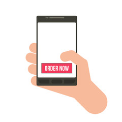 Hand holding a smartphone, with thumb over action button in a mobile app, isolated flat vector illustration