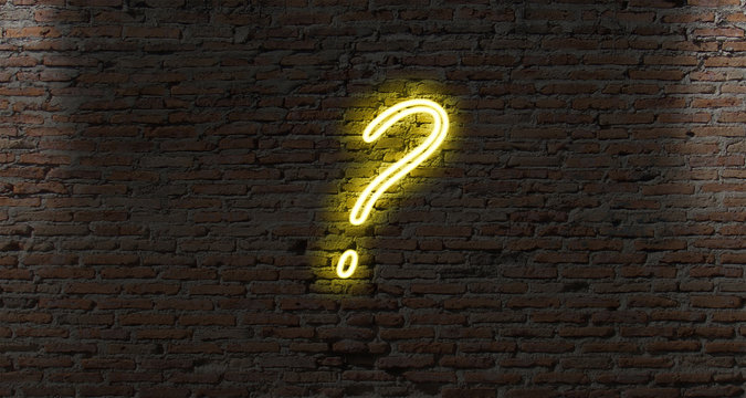 Neon Light Question Marks On A Dark Brick Wall