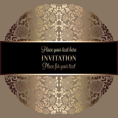 Baroque background with antique, luxury black and gold vintage frame, victorian banner, damask floral wallpaper ornaments, invitation card, baroque style booklet, fashion pattern, template for design