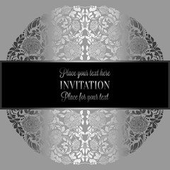 Baroque background with antique, luxury silver and gray vintage frame, victorian banner, damask floral wallpaper ornaments, invitation card, baroque style booklet, fashion pattern, template for design