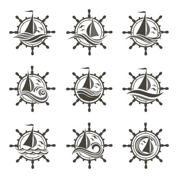 icons collection of sailing yacht, handwheel and ocean waves with seagulls