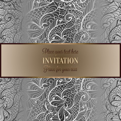 Baroque background with antique, luxury black and silver vintage frame, victorian banner, damask floral wallpaper ornaments, invitation card, baroque style booklet, fashion pattern,template for design