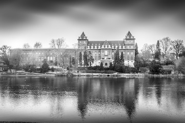 Fototapeta premium Castle at the park of valentino in turin. Panorama of Turin