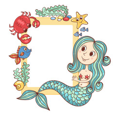 Sea yellow frame with the mermaid and marine animals