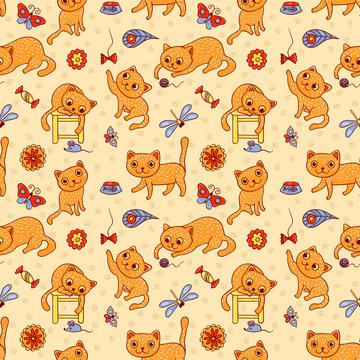 Seamless pattern with the happy playing red cats