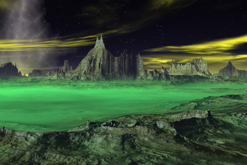 Fantasy alien planet. Rocks and sky. 3D rendering