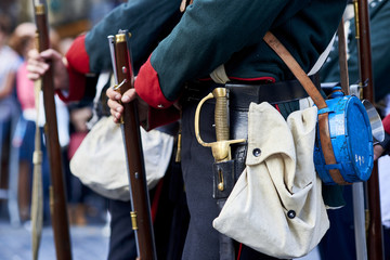 19th century Portuguese troops soldiers carrying their assault rifles.