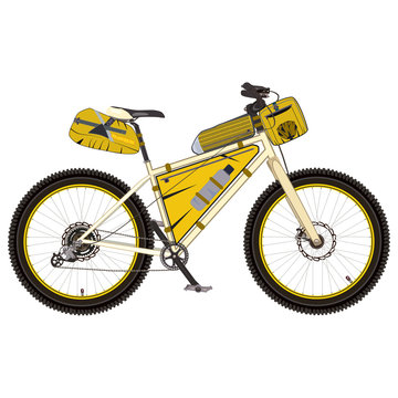 Touring bike with bikepacking gear flat vector illustration