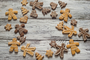 christmas cookie and candy on wood, food top view