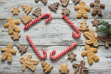 christmas cookie and candy on wood, food top view