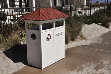 a wooden trash can on Coronado Beach