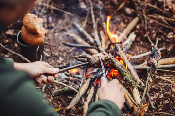 quail on the stick grilled in the fire. delicious forest picnic. bushcraft concept