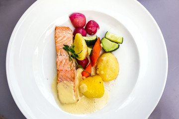 Grilled Salmon with fresh lettuce and mash potatoes