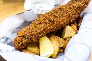 British Traditional fish and chips and  tartar sauce