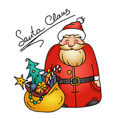 Holiday illustration with funny Santa Claus and bag of gifts. Christmas character. Christmas symbol.