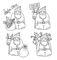 Set of illustrations with Santa Claus and reindeer, bag, Christmas tree, gifts and Christmas decorations. Sketches