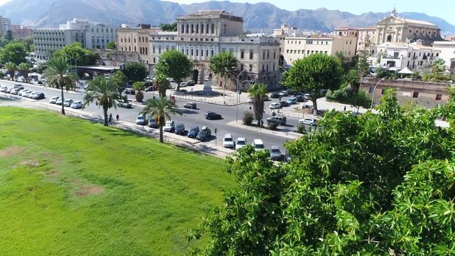 Urban aerial downtown Palermo city in quarter of Kalsa or Mandamento Tribunali a historical quarter of the Italian city of Palermo in Sicily beautiful Italian city popular tourist attraction 4k