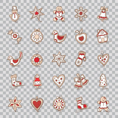 Set of Christmas icons. Star,bell,wreath, apple,bow,sock,Christmas tree, house, snowman, gingerbread, mitten, heart,cane