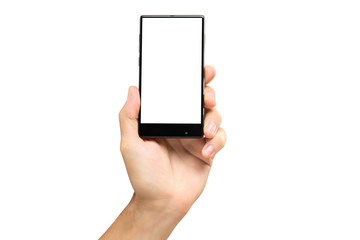 Mockup of male hand holding frameless cell phone with blank screen isolated at white background.