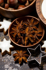 Fototapeta na wymiar spices and form for Christmas baking, vertical