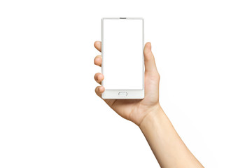 Mockup of female hand holding frameless cell phone with blank screen isolated at white background.