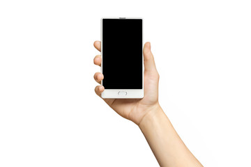 Mockup of female hand holding frameless cell phone with black screen isolated at white background.