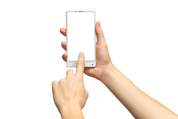Obraz na płótnie Canvas Mockup of female hand holding white cellphone and sliding blank screen isolated at white background.
