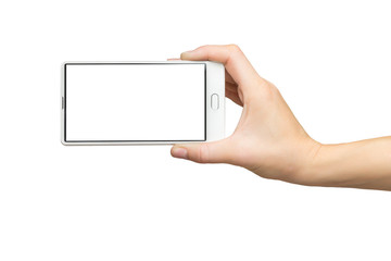 Mockup of female hand holding white frameless cell phone with blank screen isolated at white background.