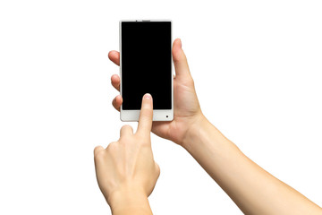 Mockup of female hand holding white cellphone and sliding black screen isolated at white background.