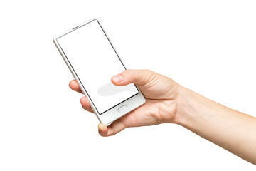 Mockup of female hand holding frameless cell phone with blank screen isolated at white background.