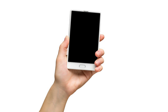 Mockup of female hand holding frameless cell phone with black screen isolated at white background.