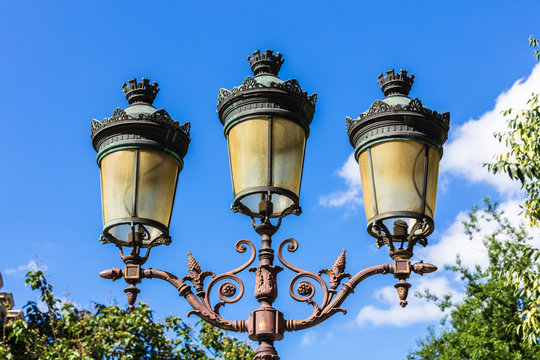 Traditional vintage street lantern (lamppost) on the Cite Island (Ile de la Cite) in Paris. France
