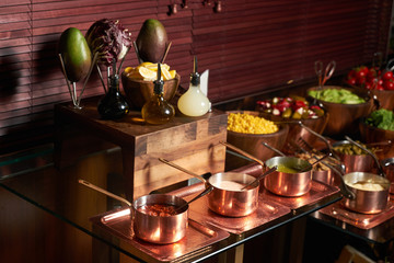 Set of three saucepan with vegetarian healthy soups
