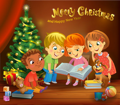 Kids reading the book beside a Christmas tree