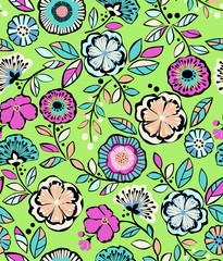 neon flower line drawing - seamless background