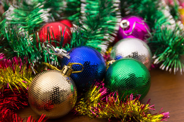 Christmas decoration with colored xmas balls and tinsel