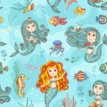 Cute mermaids seamless pattern color