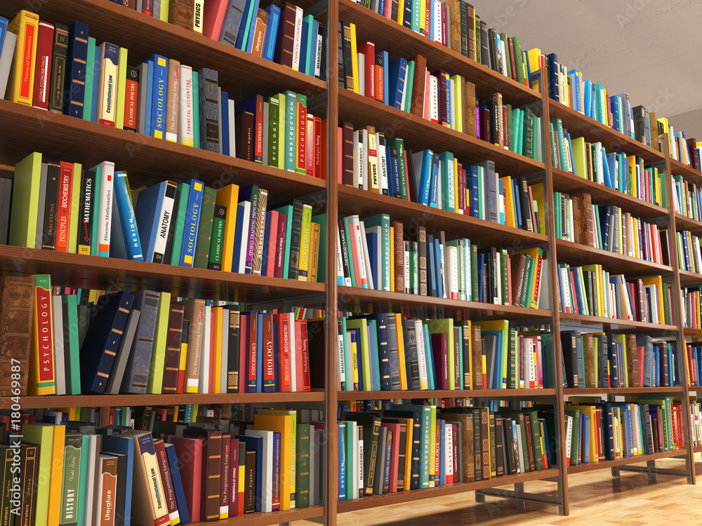 Poster Library stacks of books and bookshelf.