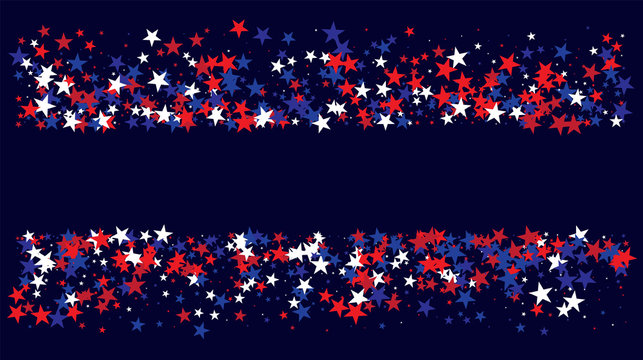 American national colors square vector background, festive pattern with flying, falling red, blue, white stars in colors of the United States' flag. Independence Day banner, bright star dust confetti.