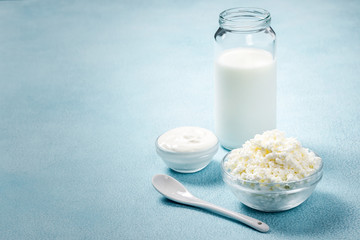 Tasty fresh dairy products milk sour cream yogurt ricotta cottage cheese. Selective focus, copy...