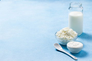 Fresh homemade dairy products milk sour cream yogurt cottage cheese in glass jars. Selective focus, copy space. 