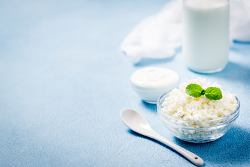 Culinary background, raw dairy products, milk sour cream or yogurt cottage cheese. Selective focus,...