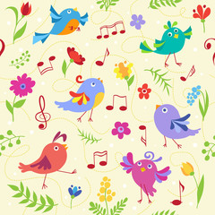 Cute spring musical birds seamless pattern