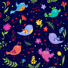 Naklejka na ściany i meble Cute spring musical birds seamless pattern blue